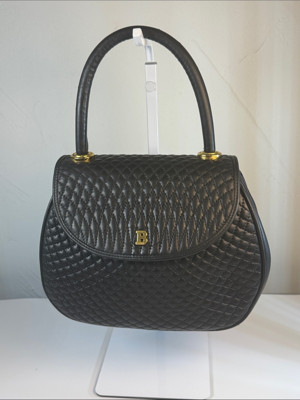 Bally Black Quilted Lambskin Top-Handle Satchel with Gold B Accent
